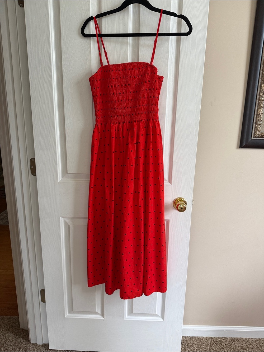 🌸 a new day:  Red Maxi Dress with Black Dot Print
